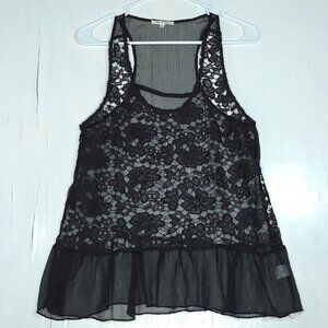 One Story Black Floral Lace Ruffled Hem Sheer Tank Top M Goth Coquette